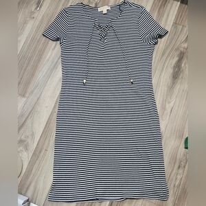 Michael Kors Navy and White Striped Lace-Up Midi Dress